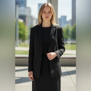 Jones New York, two-piece suit, sheath dress, and jacket, in black.